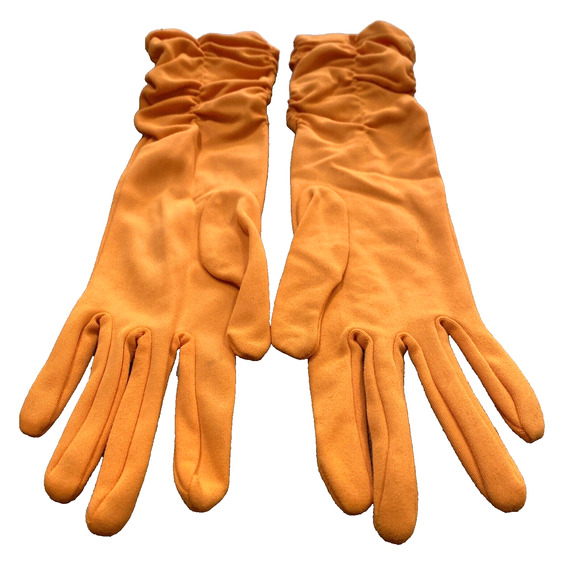 Vintage Dressy Orange Stretch Textile Gloves Ruched Elastic Wrist One Size 1960s - Picture 5 of 8